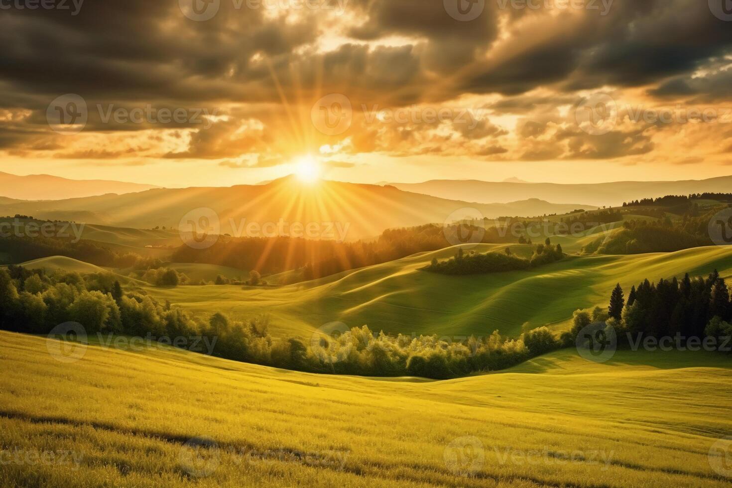 The sun rises over a hillside with grassy fields and an area with a hill. AI generative photo