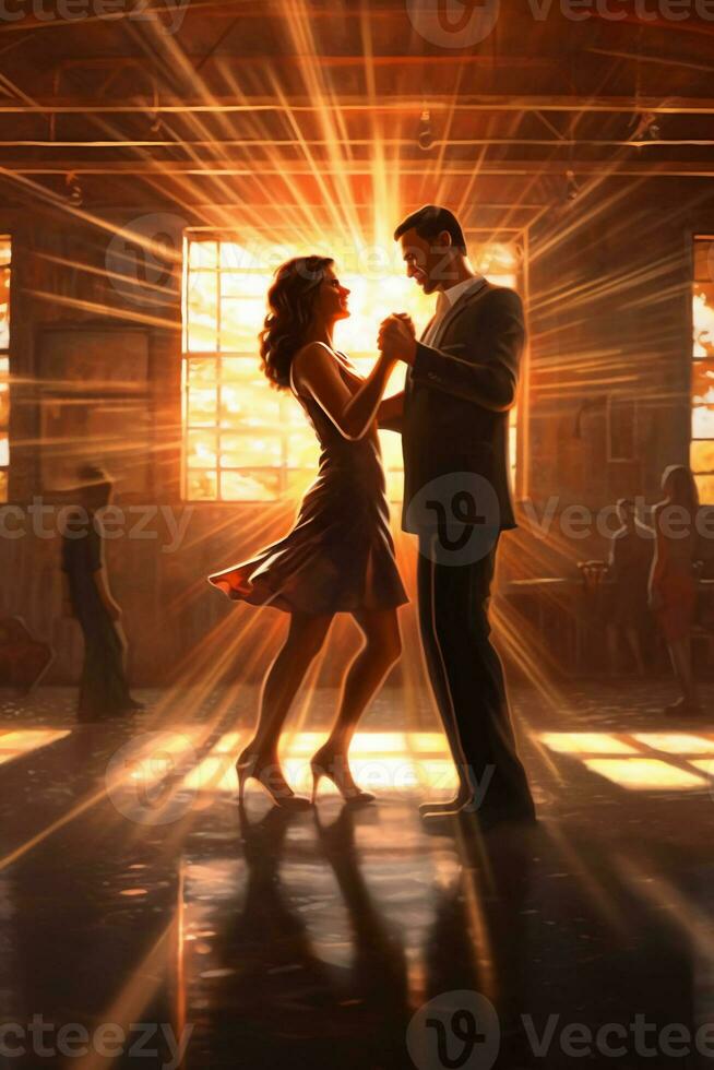 Man and woman dance in a room with beams of light behind them. AI generative photo