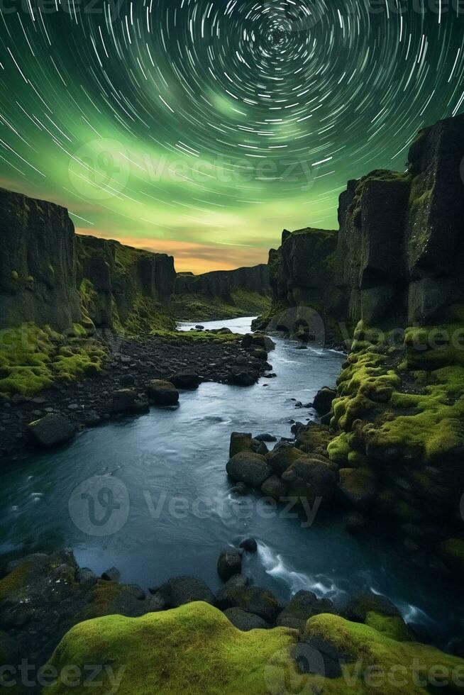 Iceland flora swirling night sky aurora borealis canyon. AI generative photo