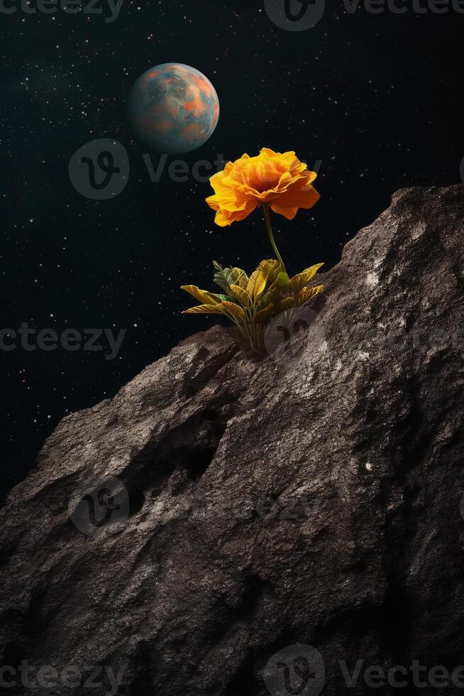 neptunian asteroid with a lone vivid marigold blooming on otherwise dark barren rock. photo