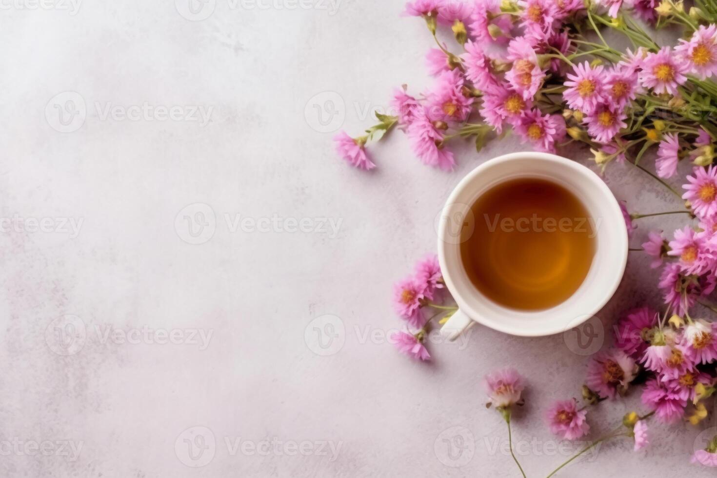 Floral banner and cup of tasty tea. AI generative photo