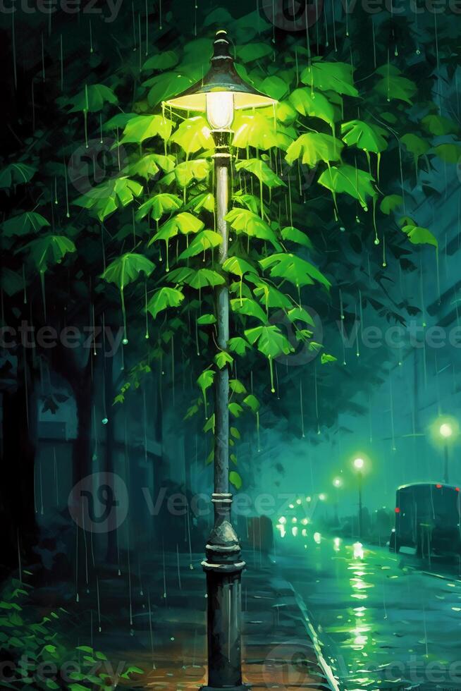 Capture the droplets of rain cascading down vibrant green leaves, reflecting the soft glow of a streetlamp. photo