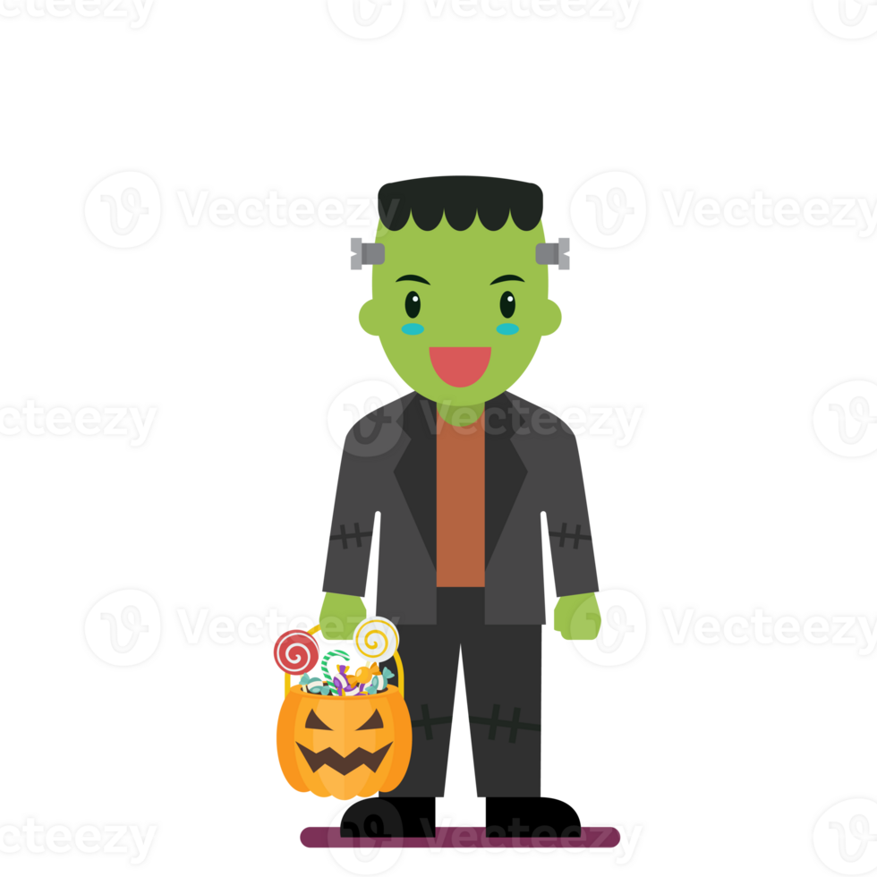 Boy with pumpkin basket dressed in green zombie costume 25219752 PNG