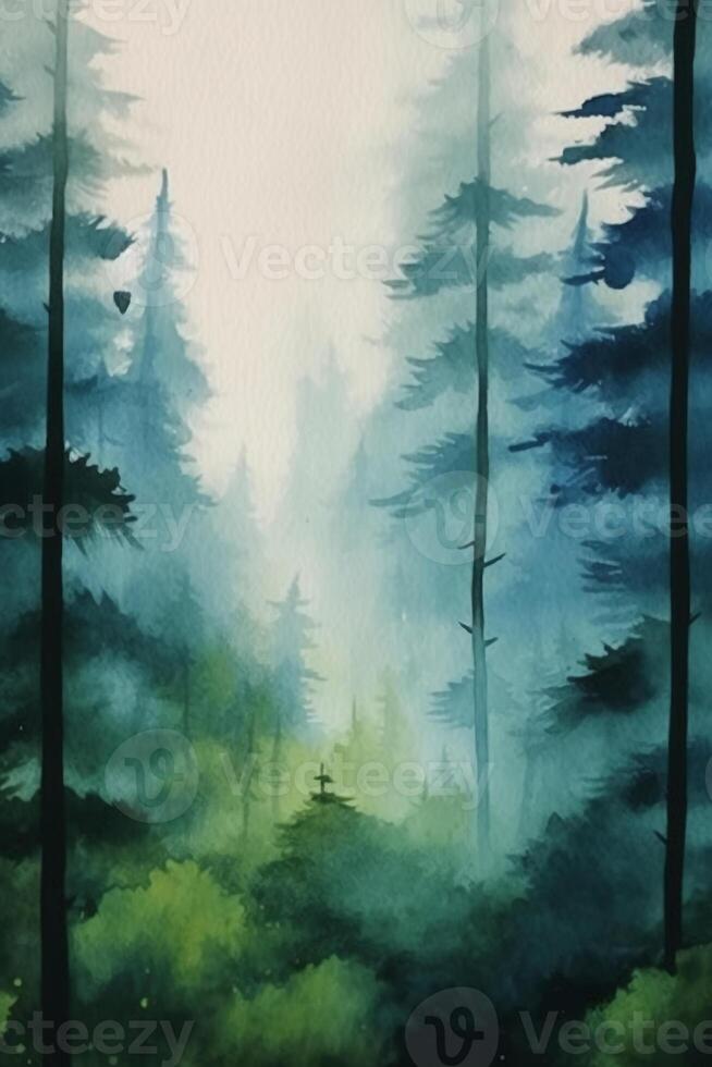 Simple forest design in water color style paitning. AI gnerative photo