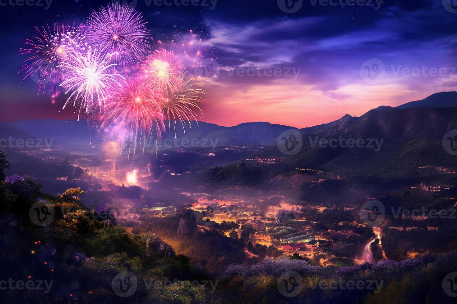 fuegos artificiales en el montaña. ai generativo foto