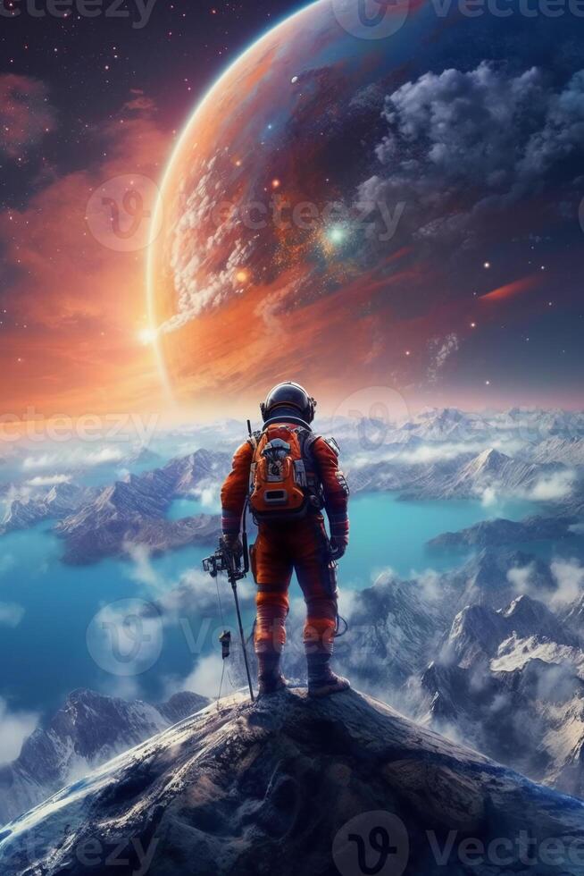 an astronaut standing on a mountain top of vibrant planet. photo