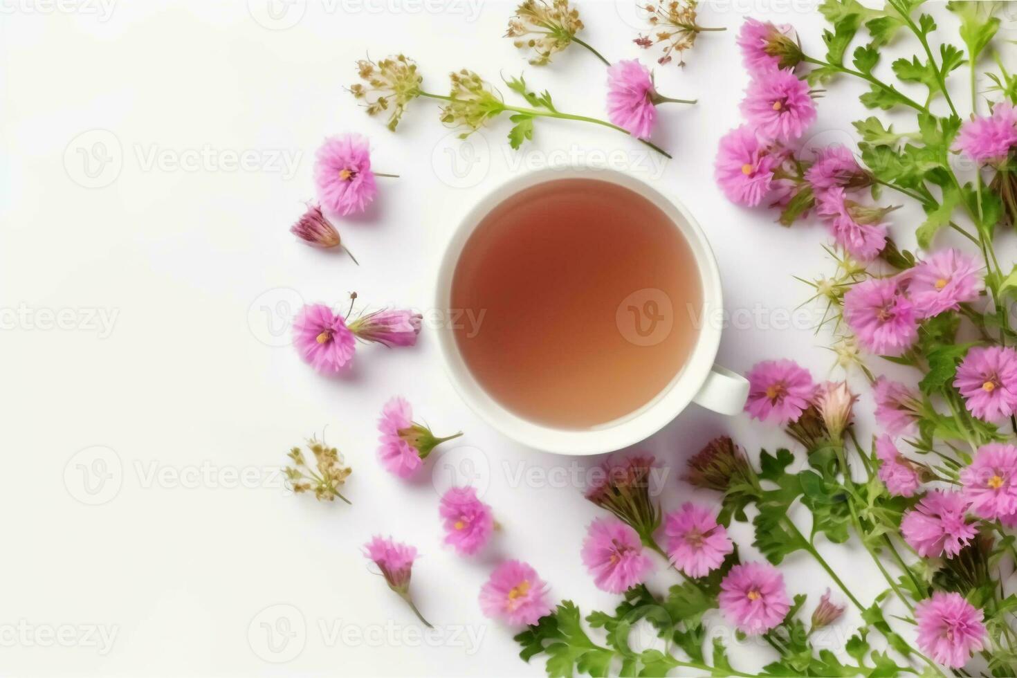 Floral banner and cup of tasty tea. AI generative photo