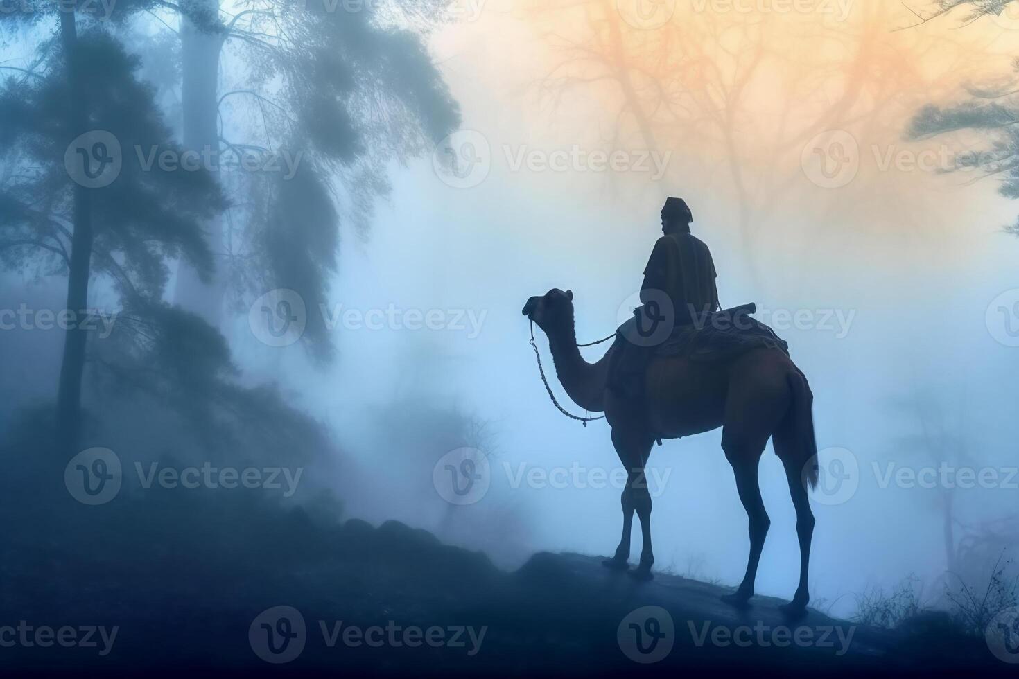 soldado en un camello, brumoso área, silueta. ai generativo foto