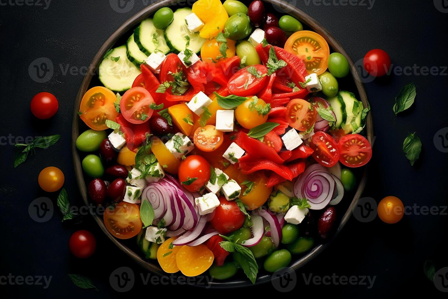Greek salad vibrant colors bright summer photo hyper realistic high definition sharp.