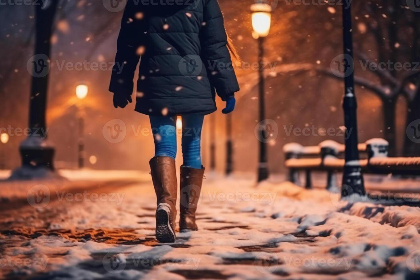 espalda ver de cerca arriba de un mujer pierna caminando en Nevado invierno noche parque. ai generativo foto