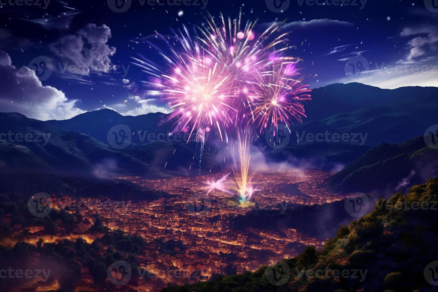 Fireworks on the mountain. photo