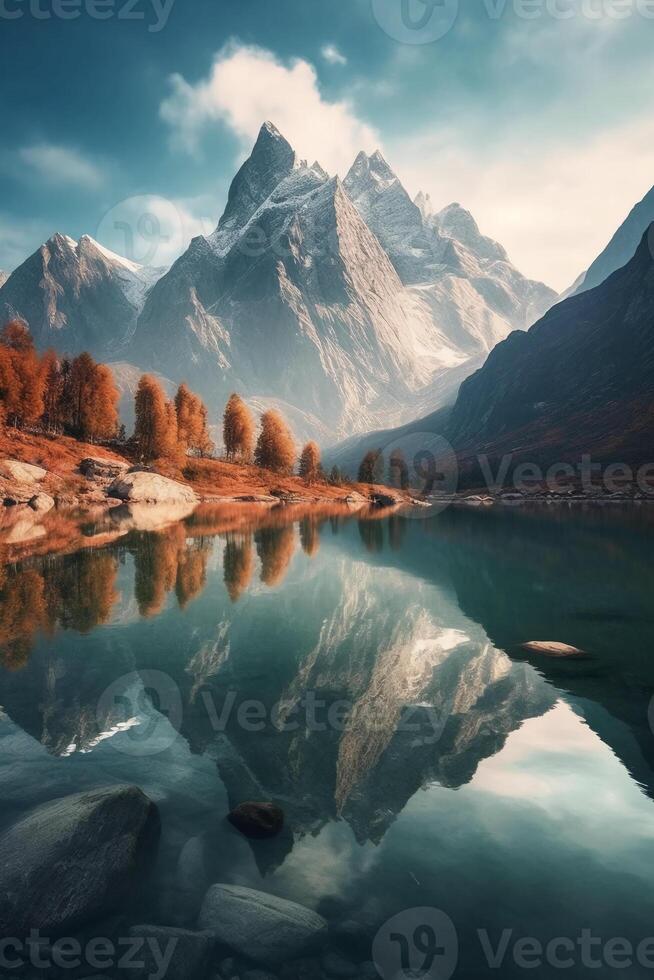 A calm lake surrounded by towering mountains. photo