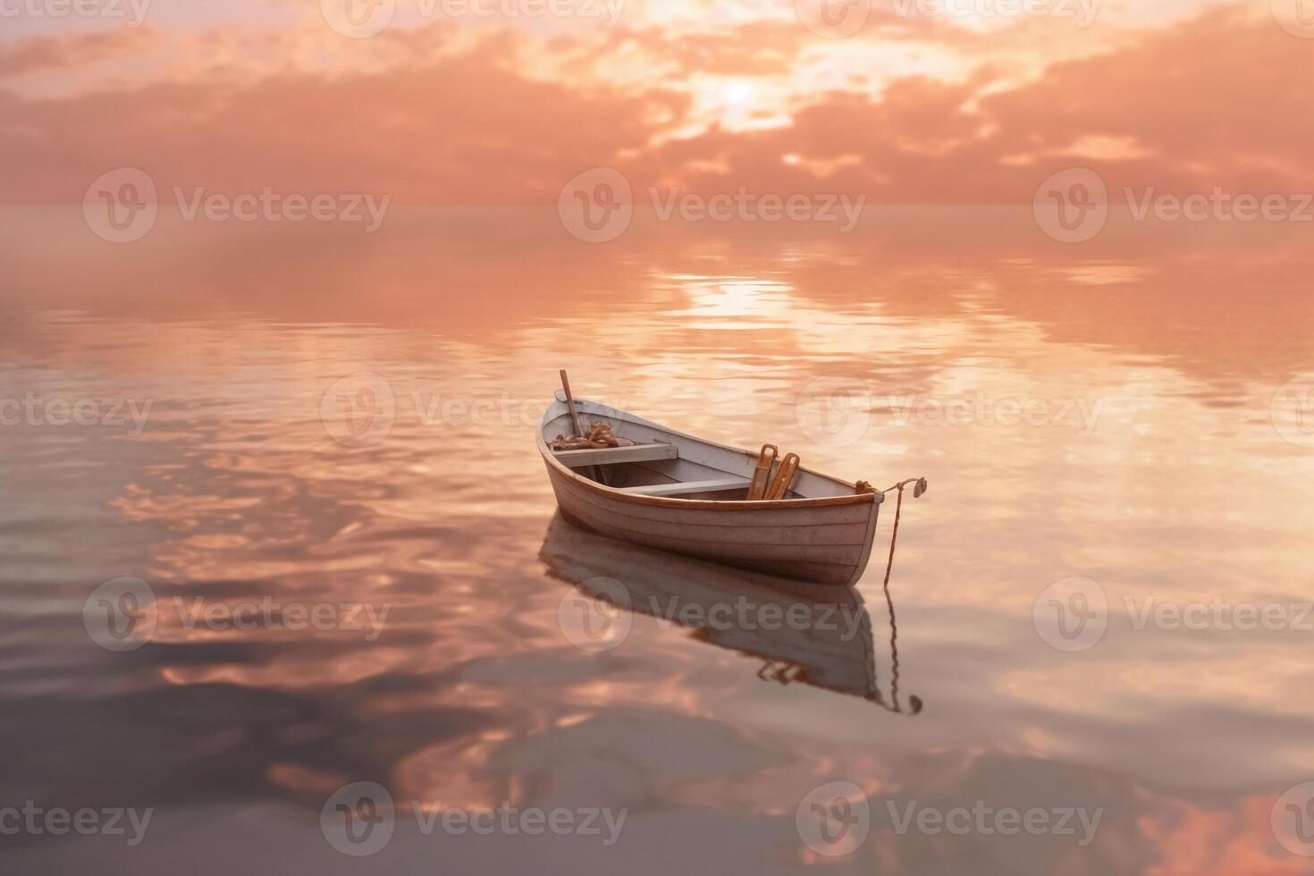 White Row Boat on Body of Water, sunset in the back, rose gold sky. photo