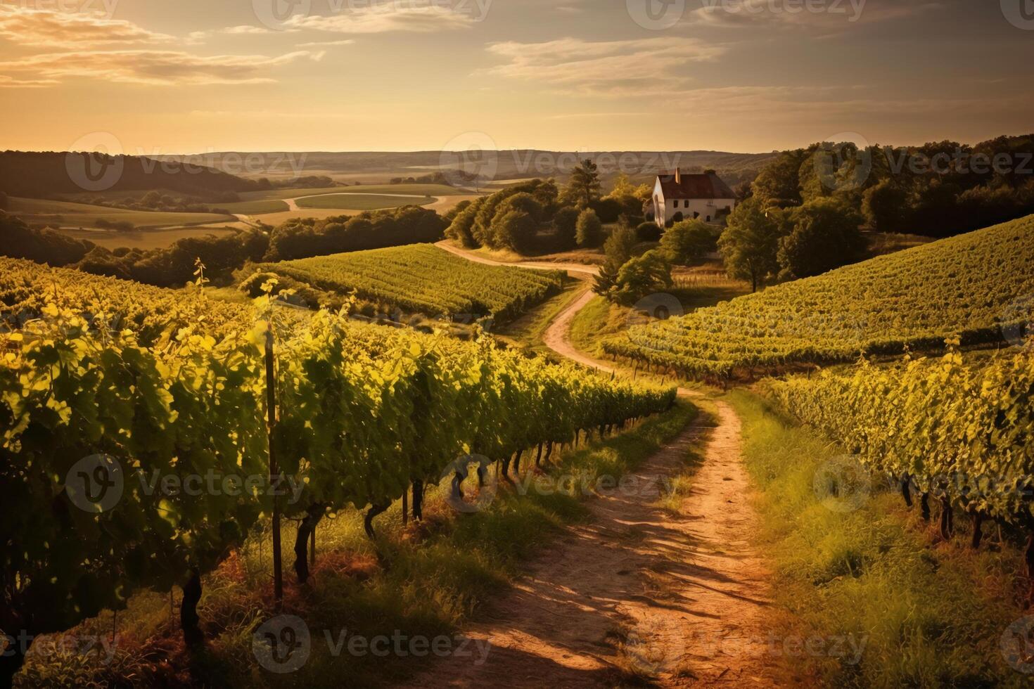 Vineyards with grapevine and winery along wine road in the evening sun. photo