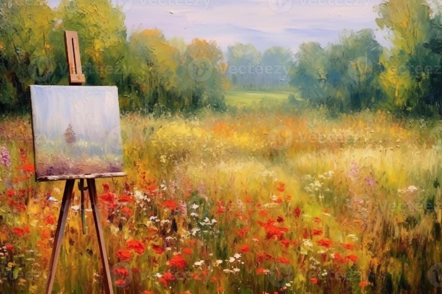 Oil painting on canvas impressionist style of field landscape with very soft pastel colors. photo