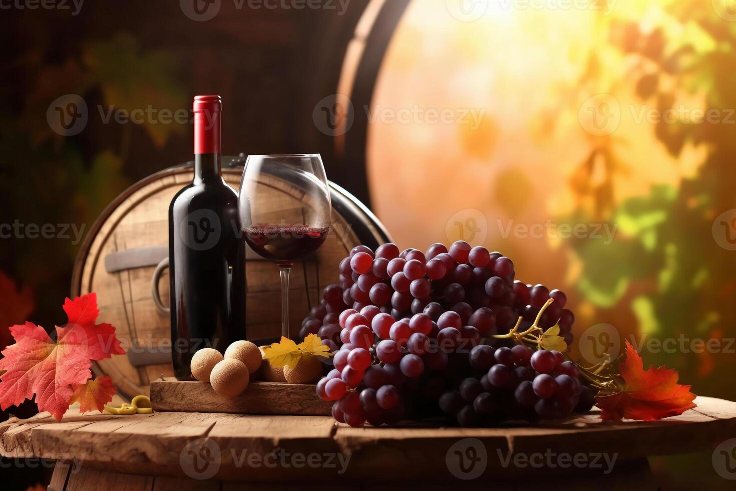 A barrel of wine sits on a table with a bunch of grapes in the background, copyspace, photo