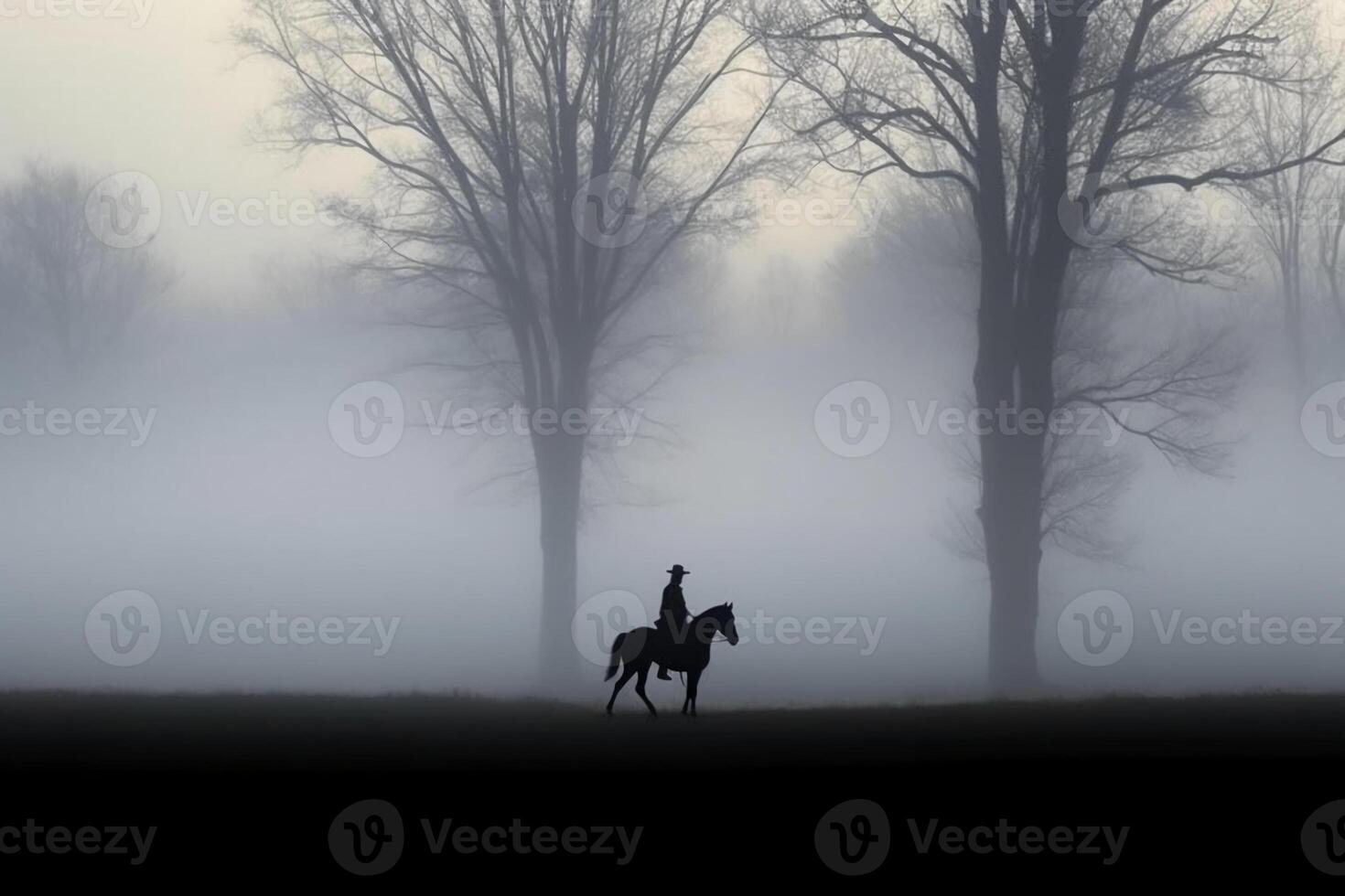 Soldier on a horse, foggy area, silhouette. photo