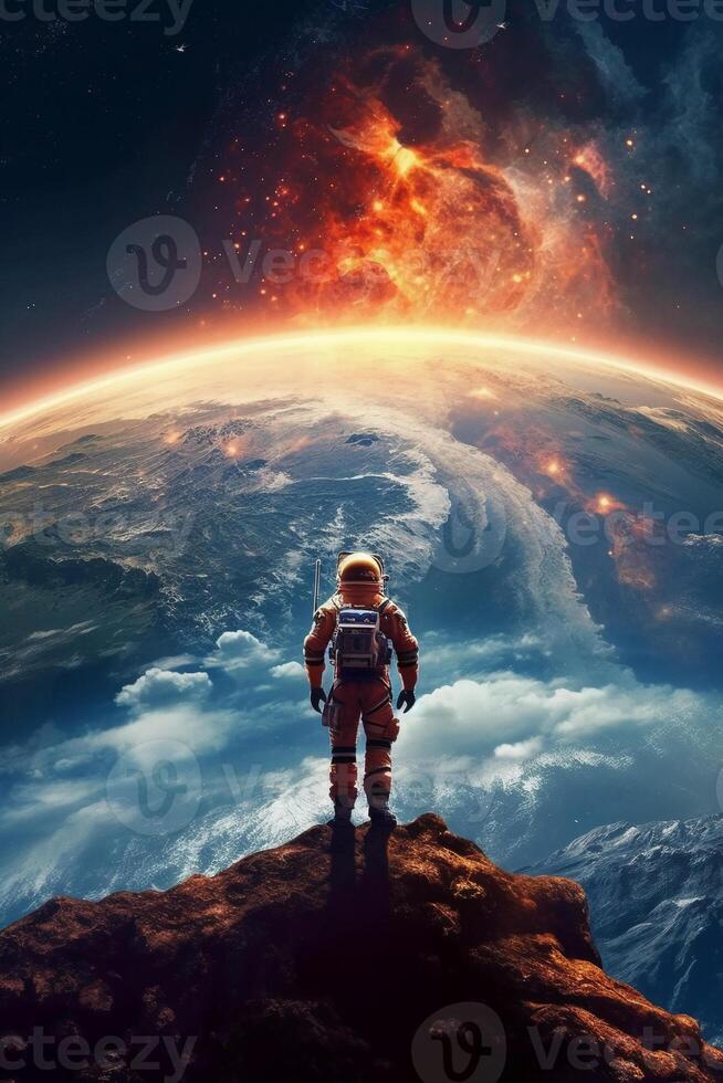 an astronaut standing on a mountain top of vibrant planet. photo