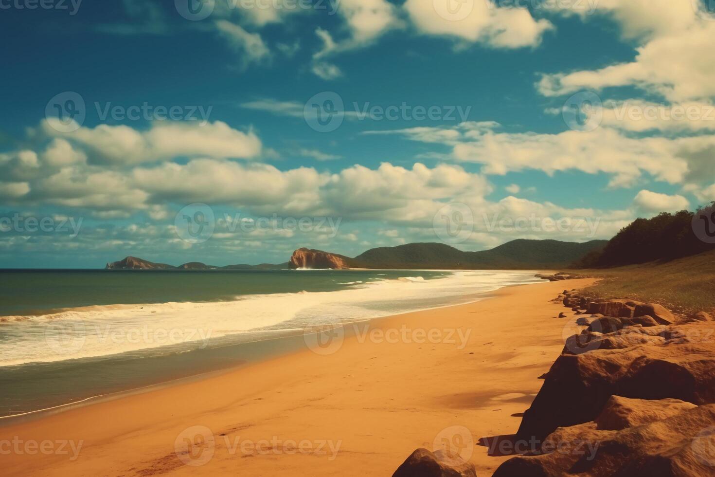 Blue sky and sandy beach. AI generative photo