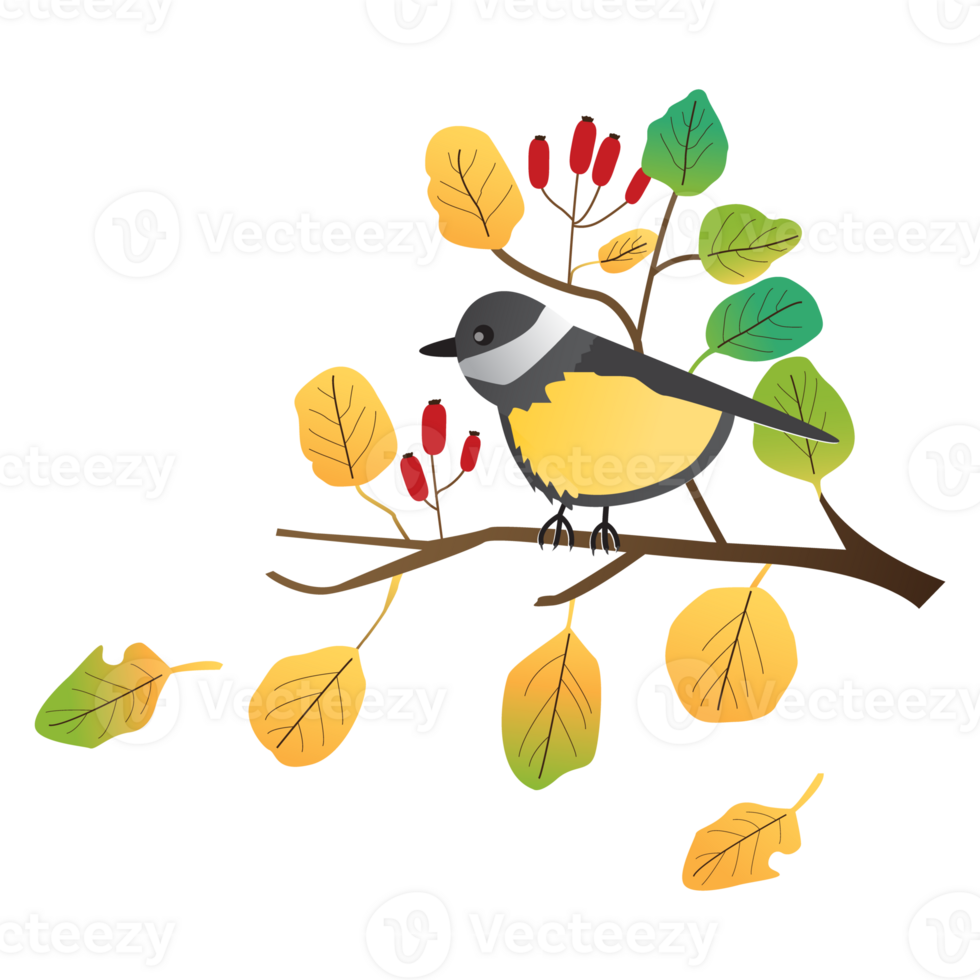 Autumn yellow bird in branch and leaves. png