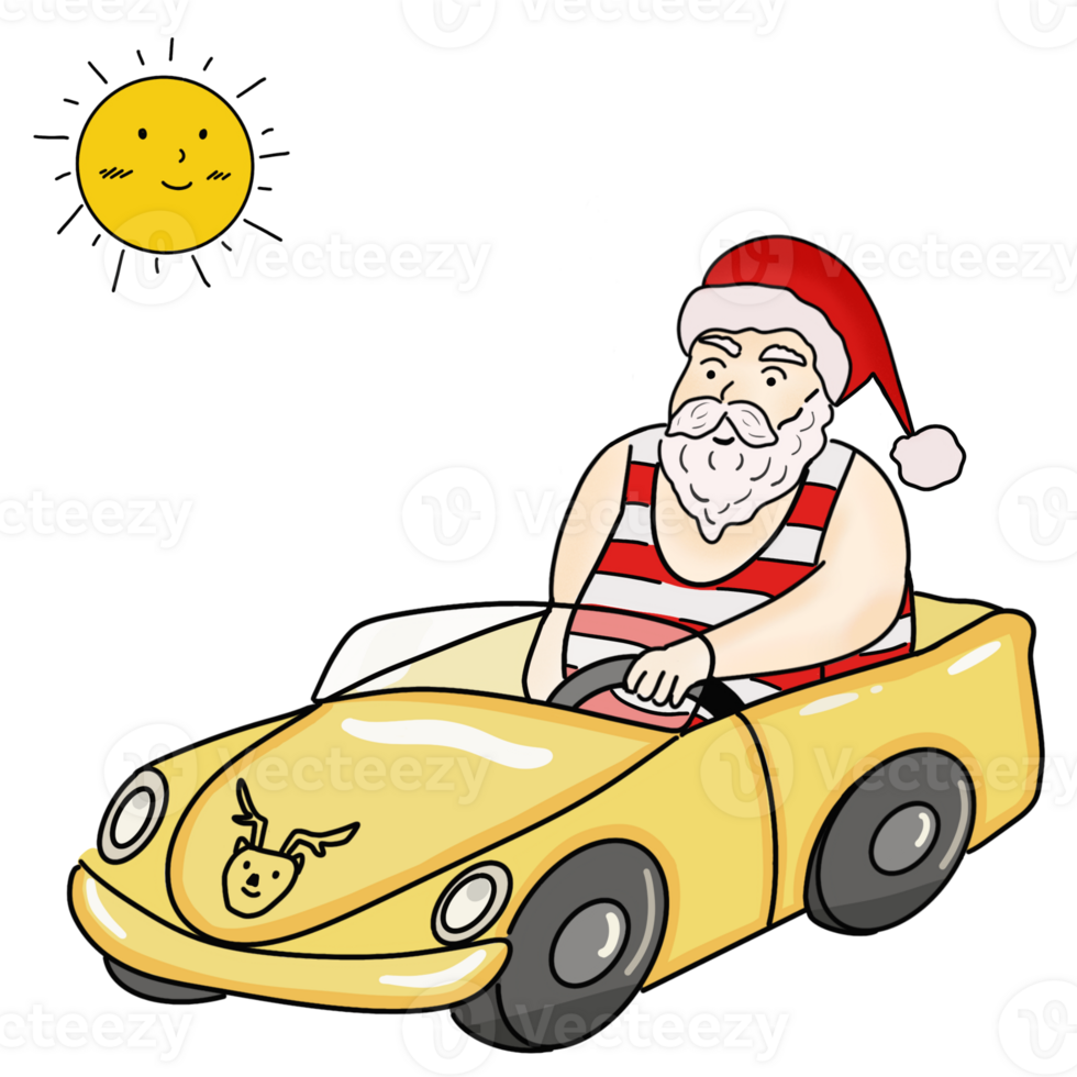 Kerstmis in juli illustratie met de kerstman claus het rijden een auto. png