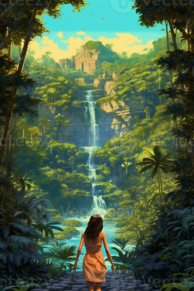 el espalda de un mujer en verano ropa mirando a selva bosques y cascadas ai generativo foto