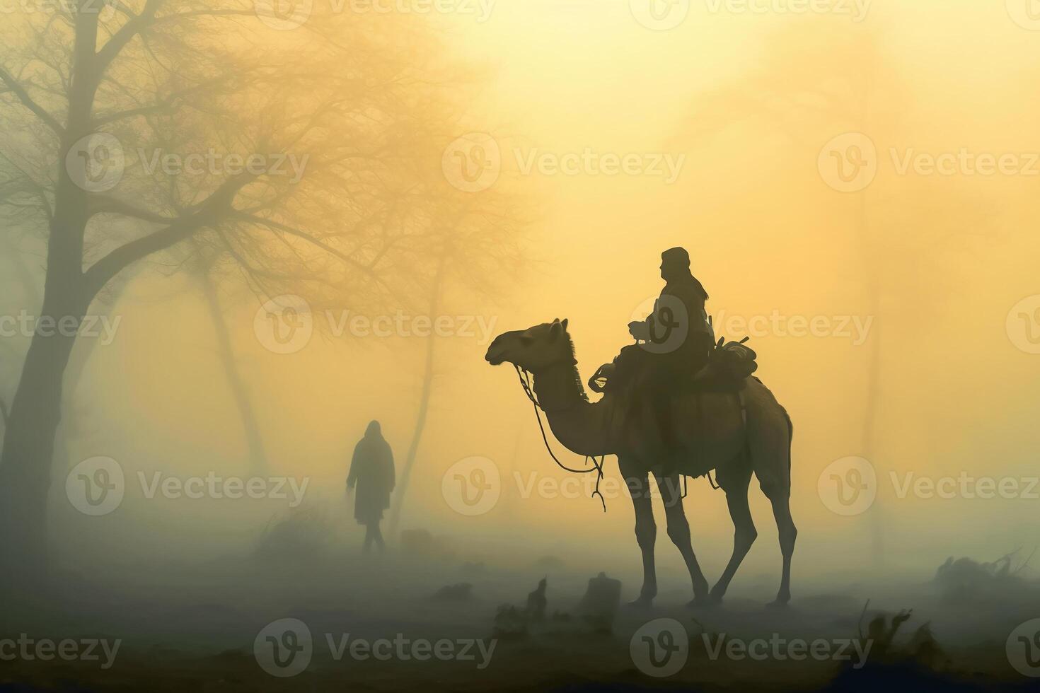 Soldier on a camel, foggy area, silhouette. photo