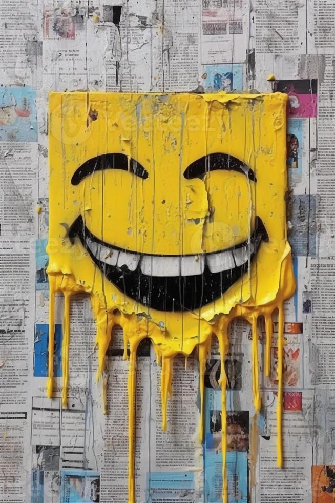 yellow paint dripping on the newspaper, happiness, smiley icon. photo