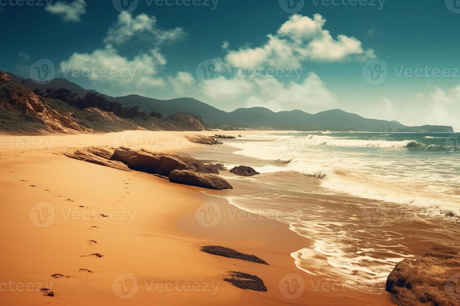 Blue sky and sandy beach. AI generative photo