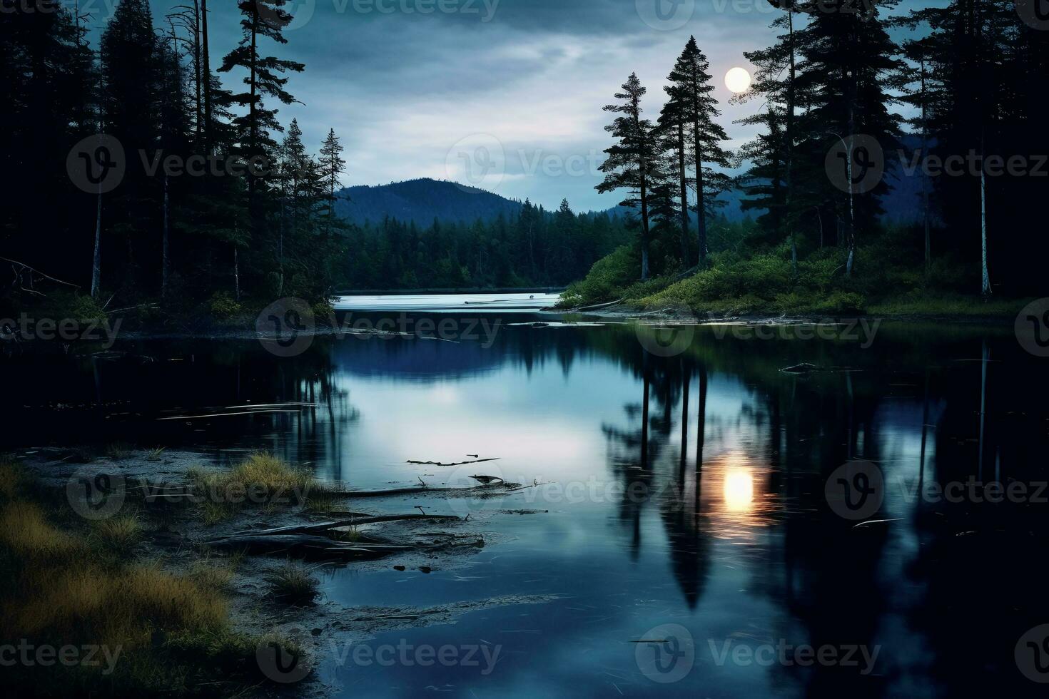 foto de lago con Luna reflexión. ai generativo