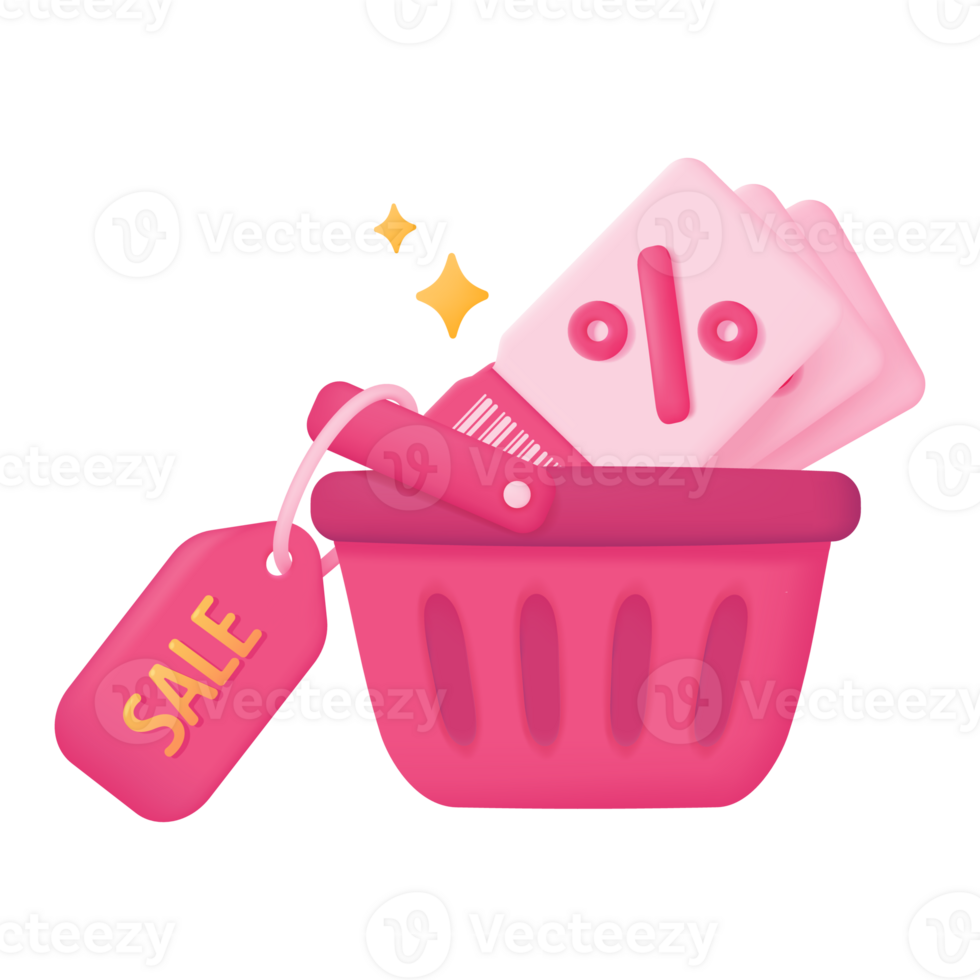 shopping cart filled with product discount vouchers. 3d illustration png