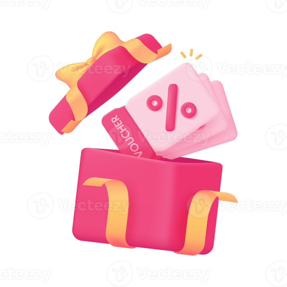 Surprise open gift box Product price discount voucher. 3d illustration png