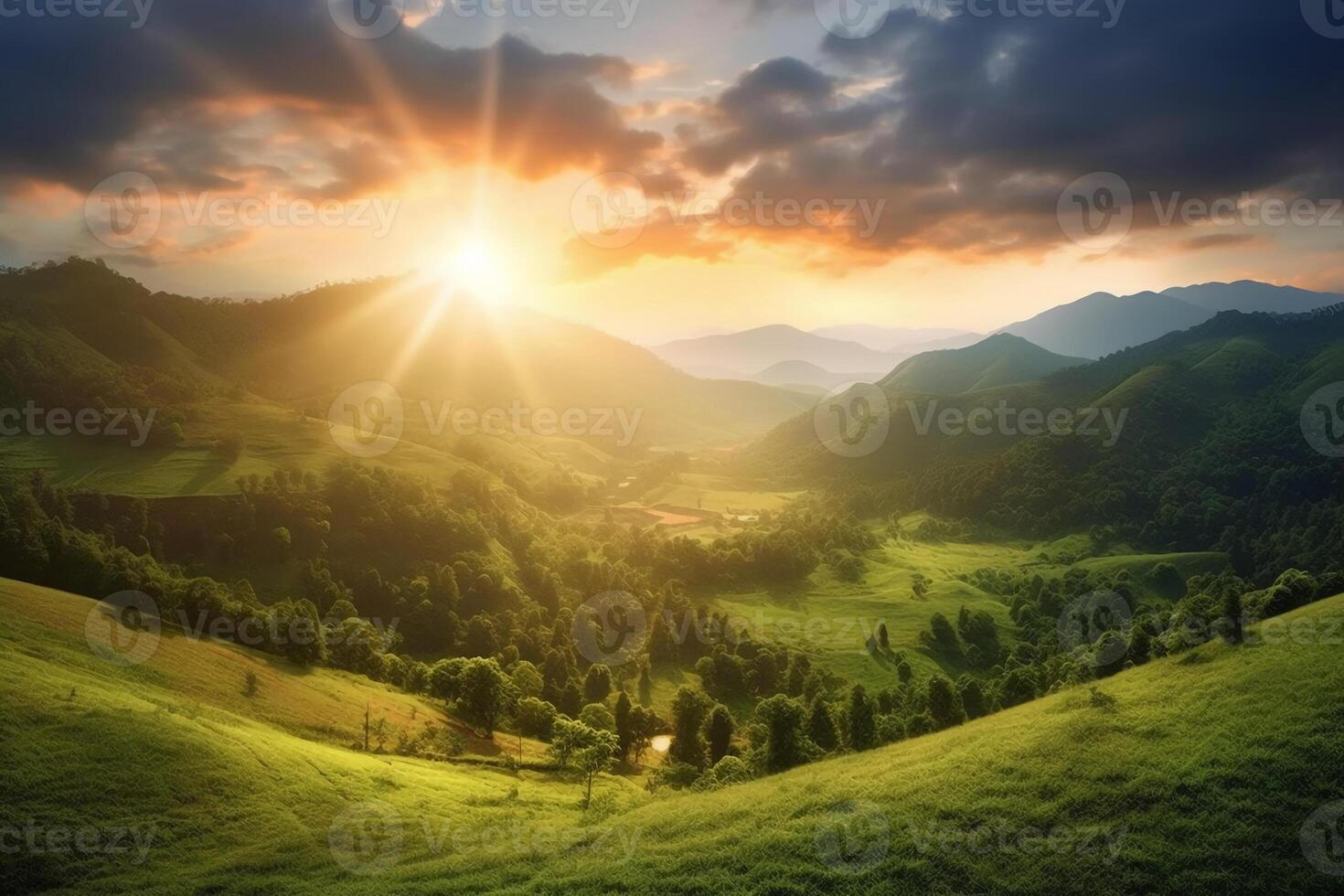 The sun rises over a hillside with grassy fields and an area with a hill. AI generative photo