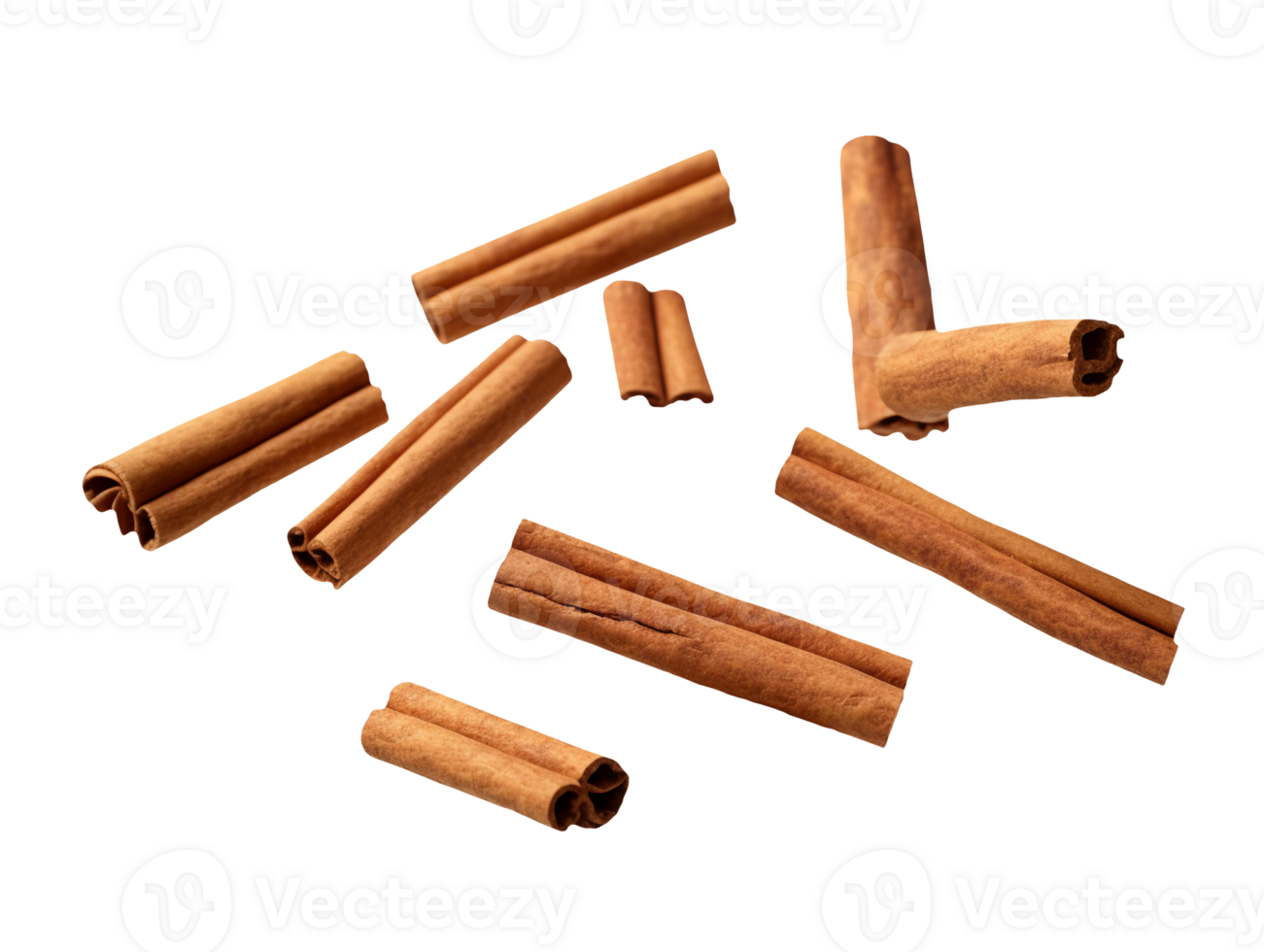 Falling cinnamon sticks isolated on transparent background, png