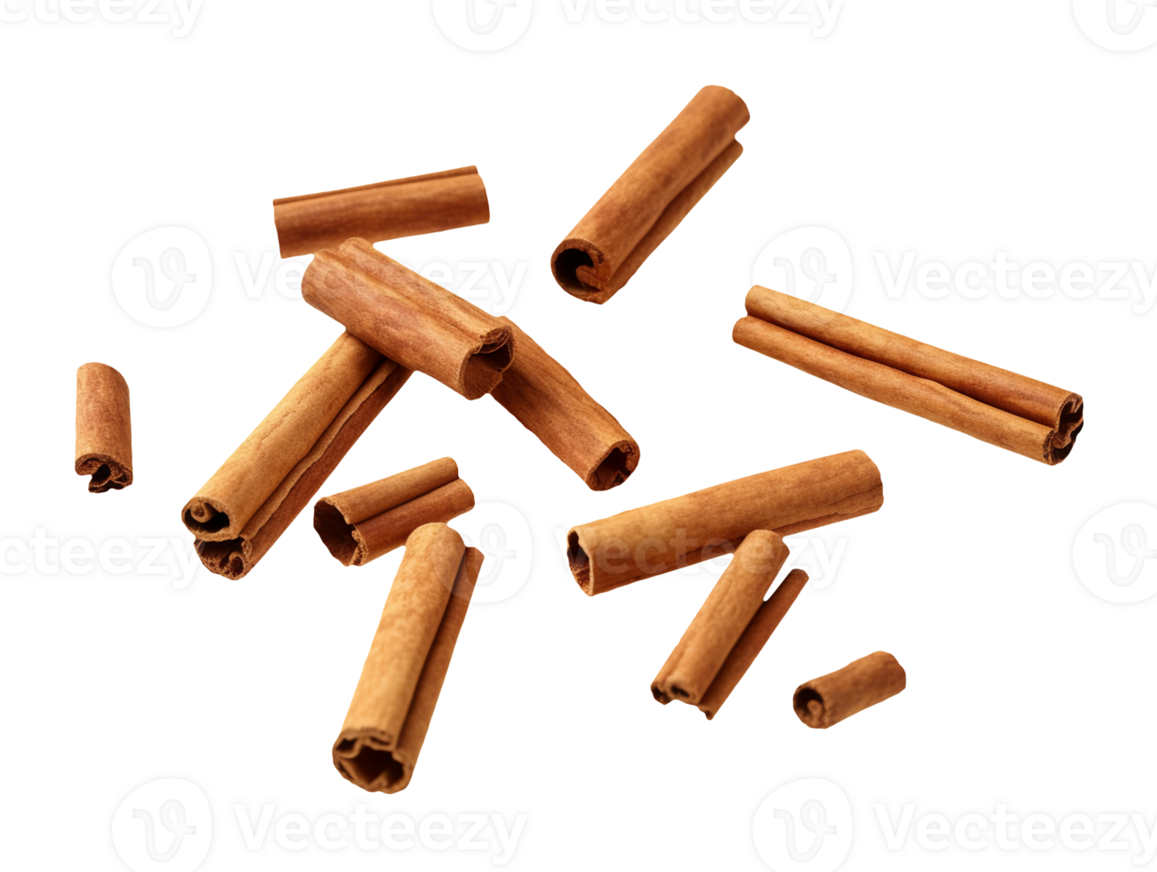 Falling cinnamon sticks isolated on transparent background, png