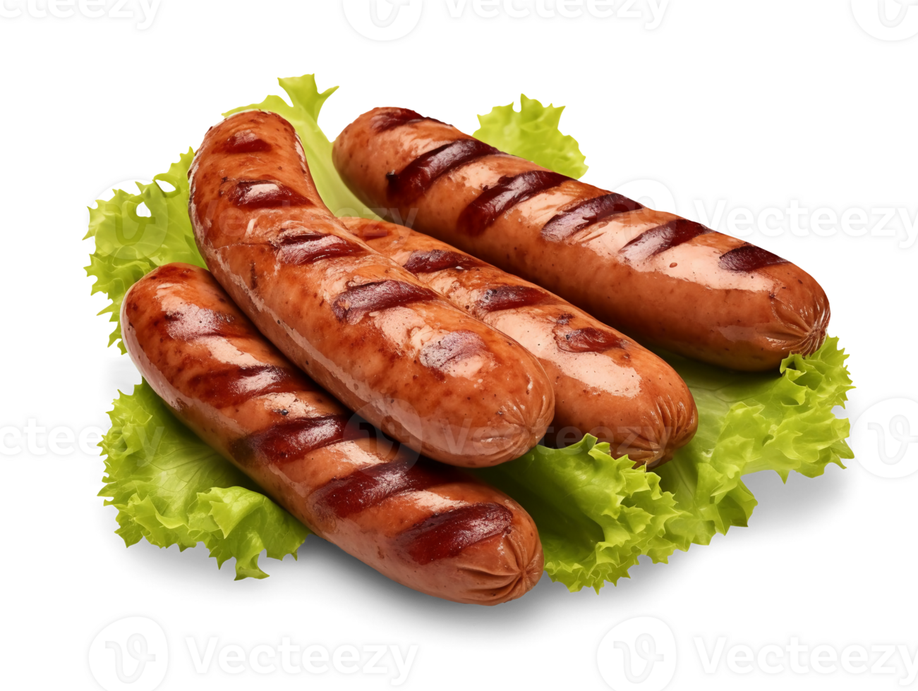 Grilled pork sausages with lettuce isolated on transparent background, png