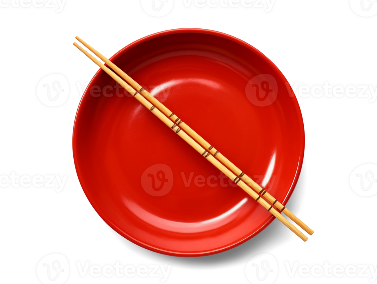 Red plate with chinese sticks isolated on transparent background, top view, png