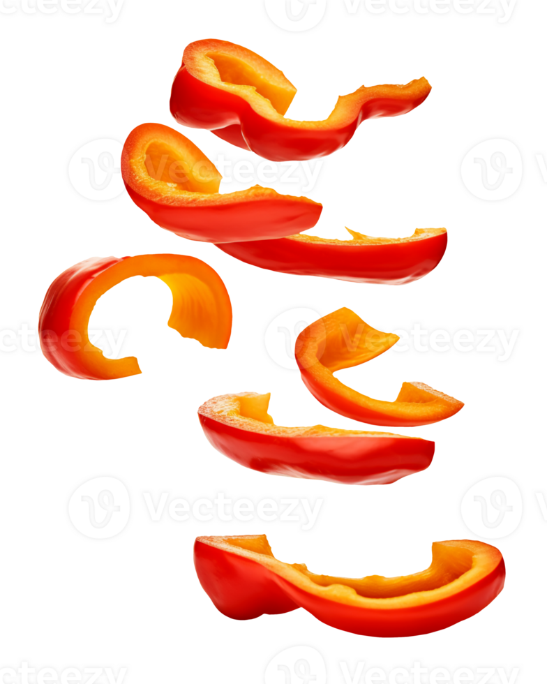 Falling sweet pepper slices paprika isolated on transparent background, png