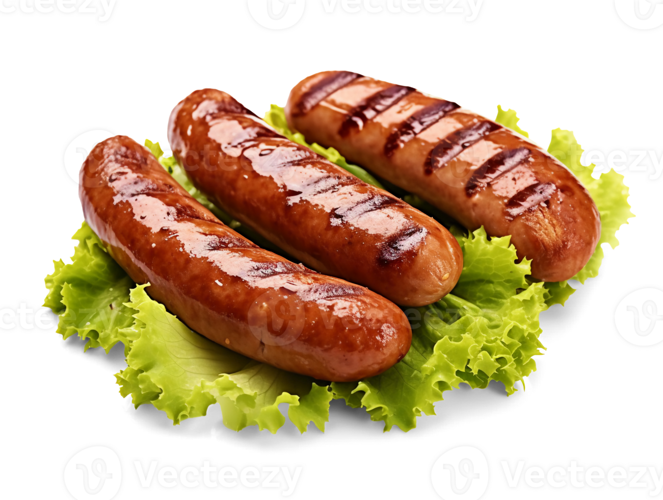 Grilled pork sausages with lettuce isolated on transparent background, png