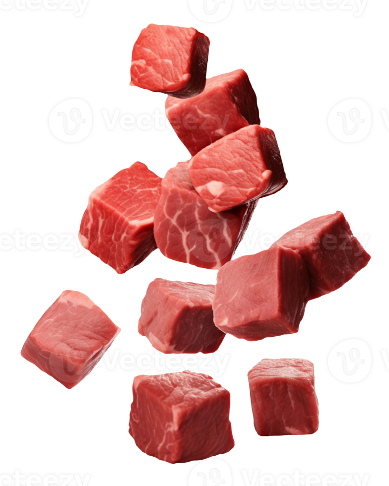 Falling meat beef cubes isolated on transparent background, png