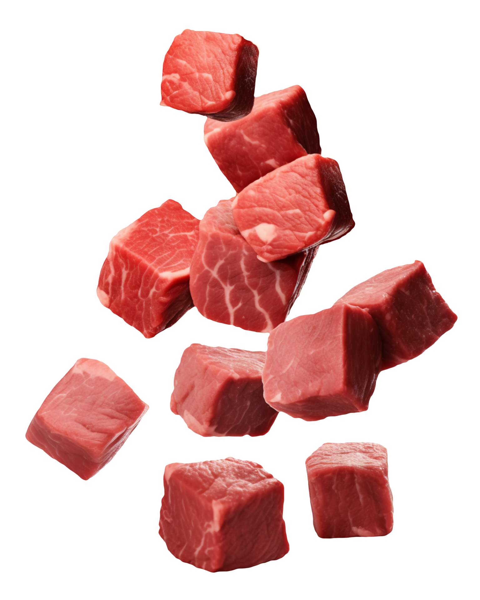 Falling meat beef cubes isolated on transparent background, png