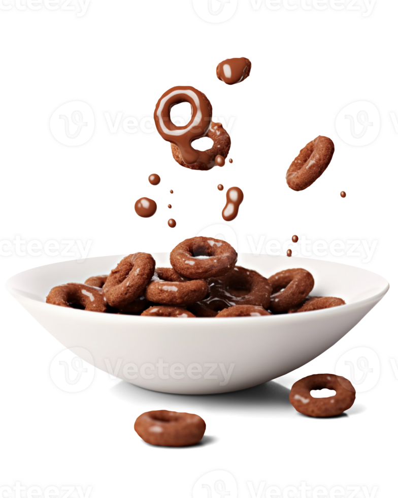 Chocolate rings falling into a bowl isolated on transparent background, png