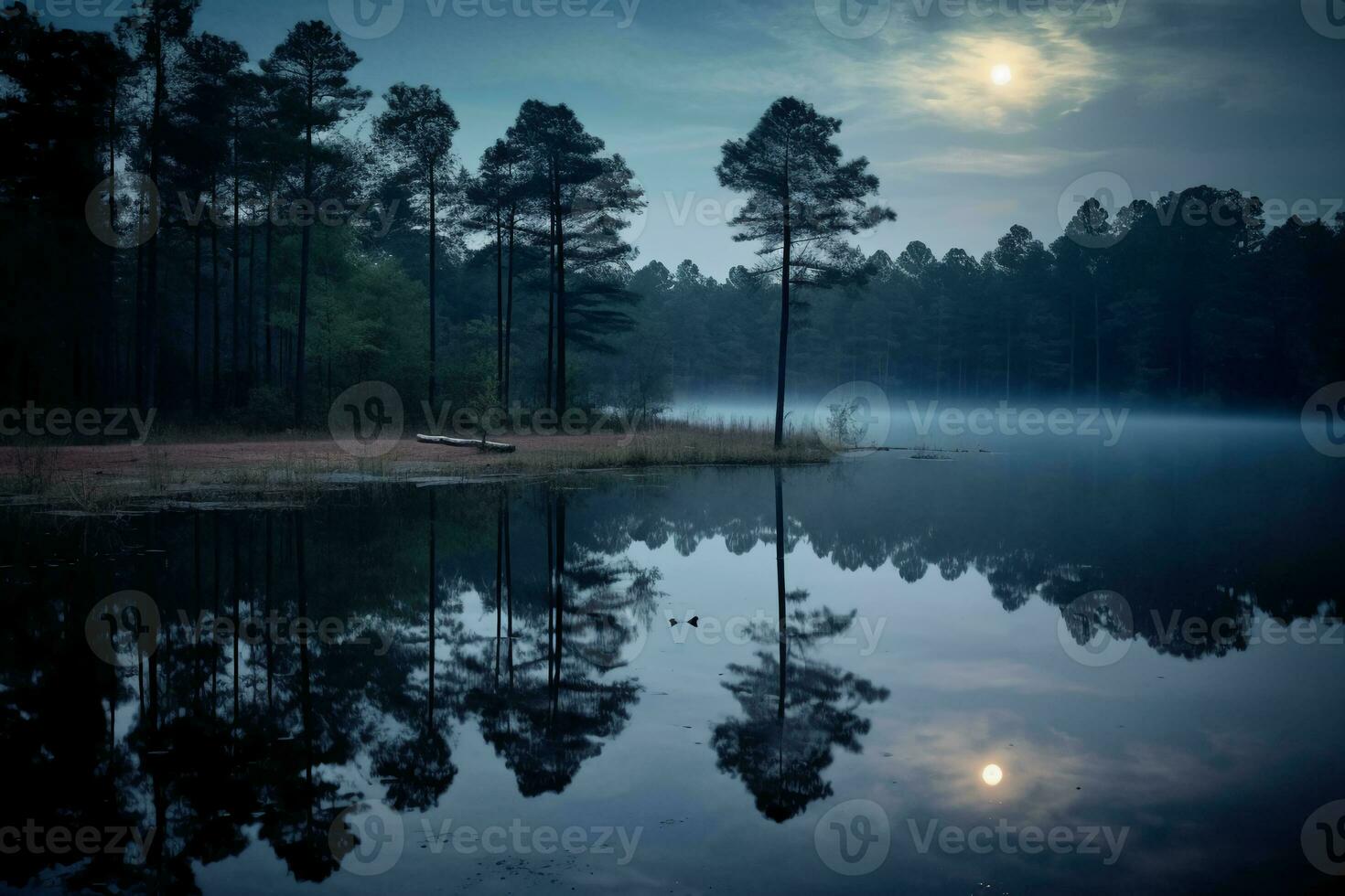 foto de lago con Luna reflexión. ai generativo