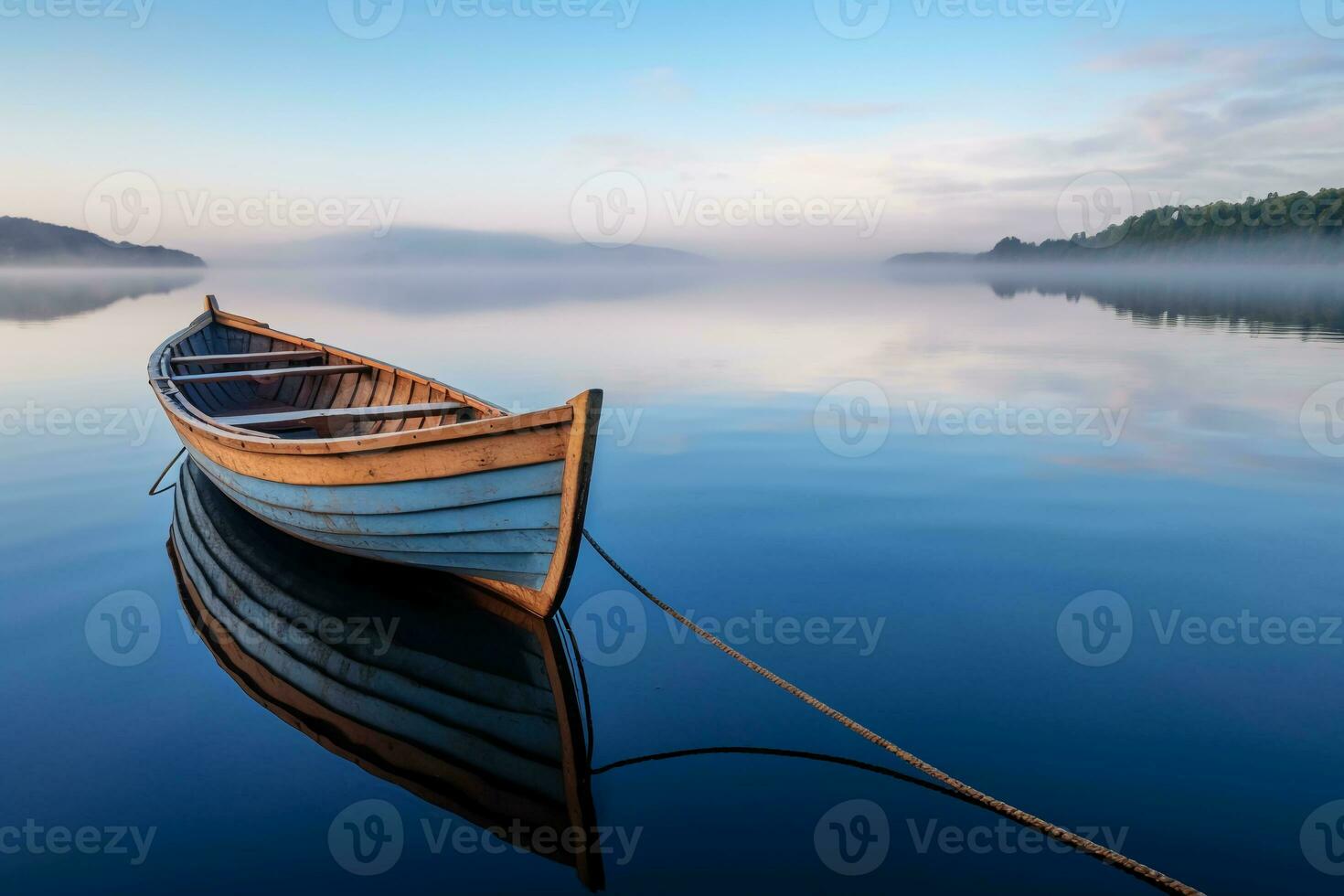 Small boat on a calm lake, landscape photography. AI generative photo