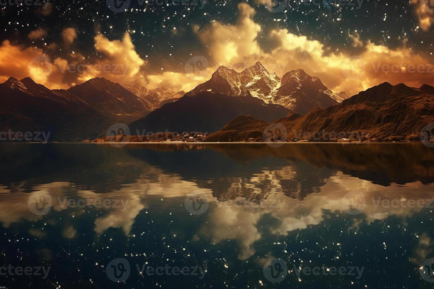 Golden fantasy starry sky at night, towering mountains, clear sparkling lake surface. AI generative photo