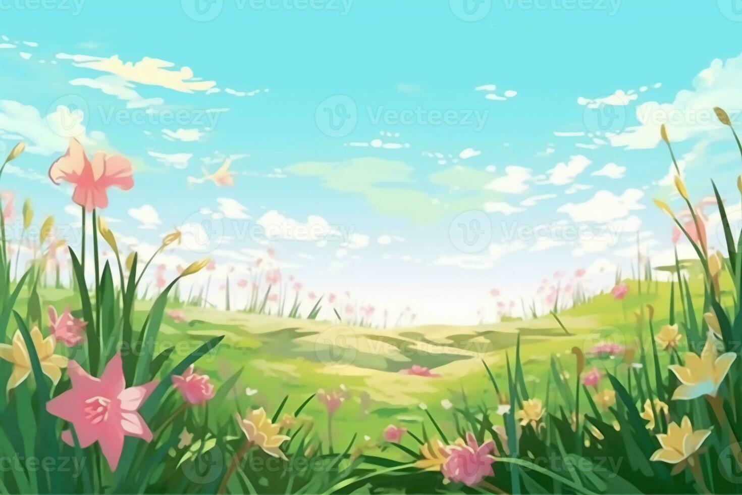 Spring meadow background daffodils, pink blossoms, flowers and grass. AI generative photo