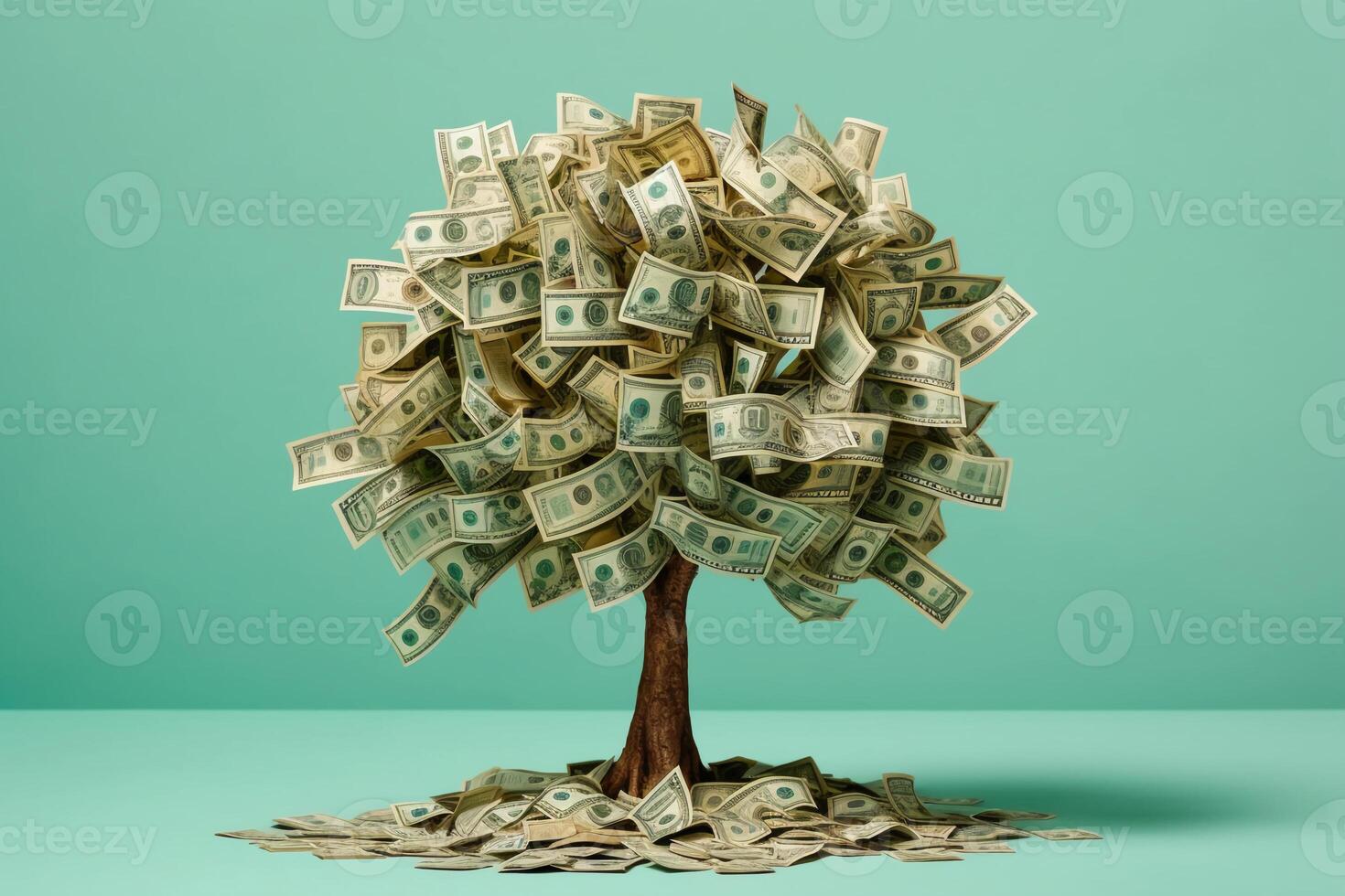 Money tree with dollars instead of leaves on a lightgreen empty background. photo