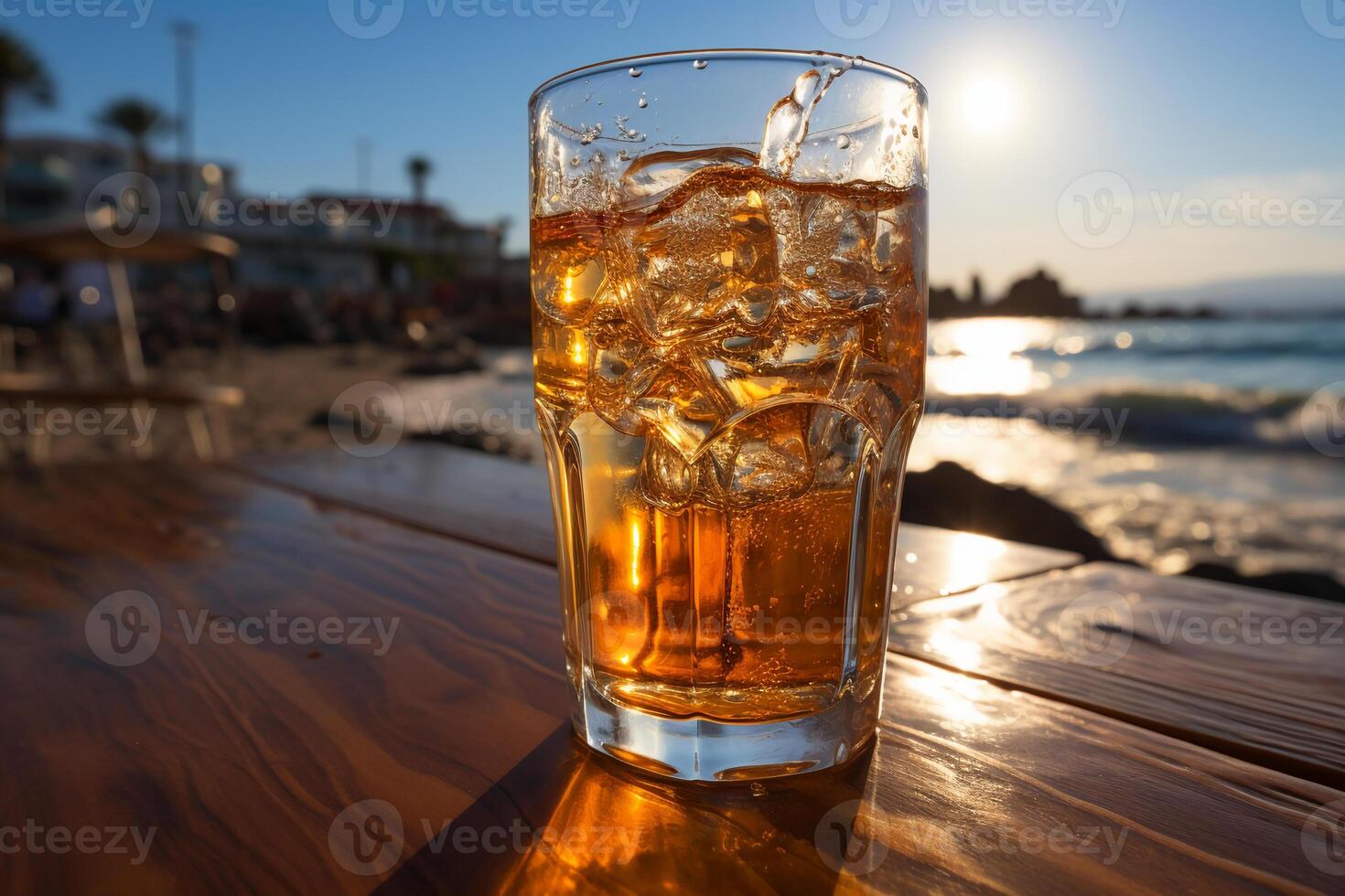 Icecold beer in glass on a beach. AI generative photo