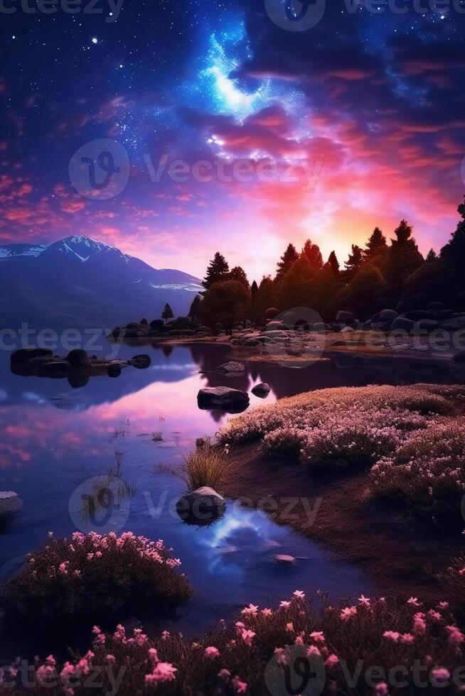 Dreamland's glowing lavender fields and iridescent forests bordering a serene. photo