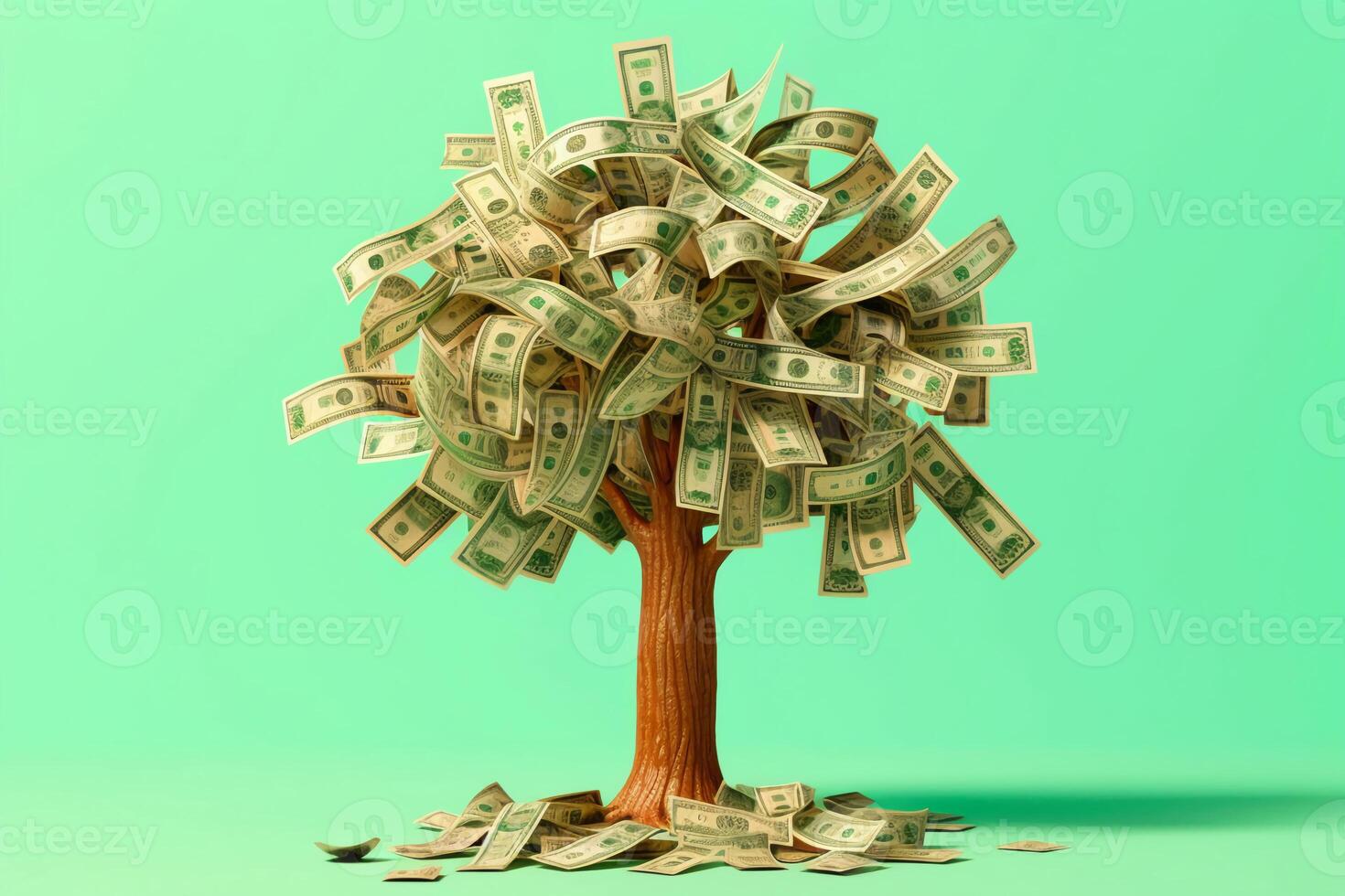 Money tree with dollars instead of leaves on a lightgreen empty background. photo